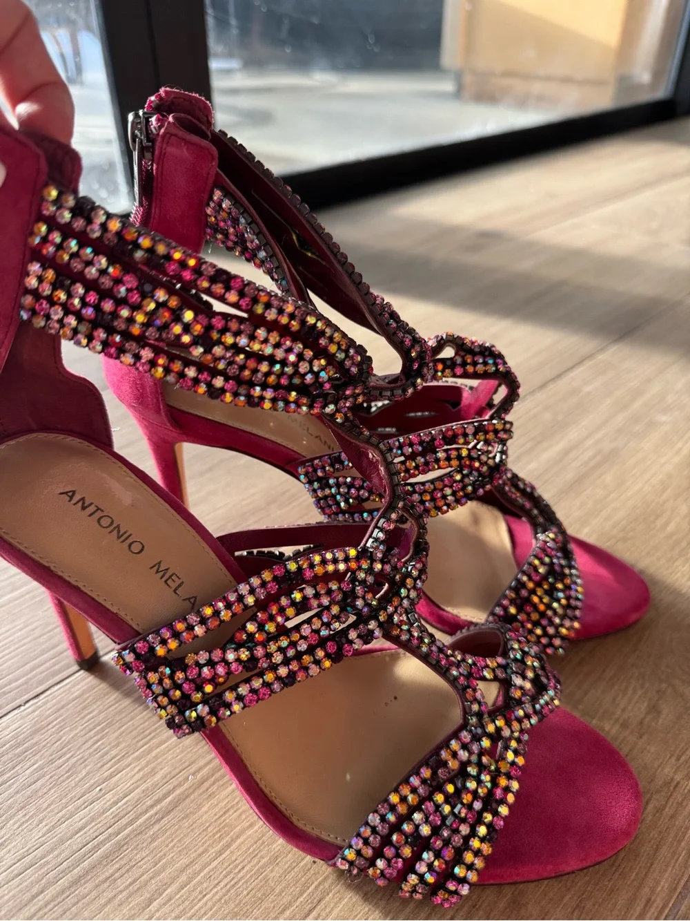 ANTONIO MELANI Fuchsia Suede Crystal-Embellished Heeled Sandals
